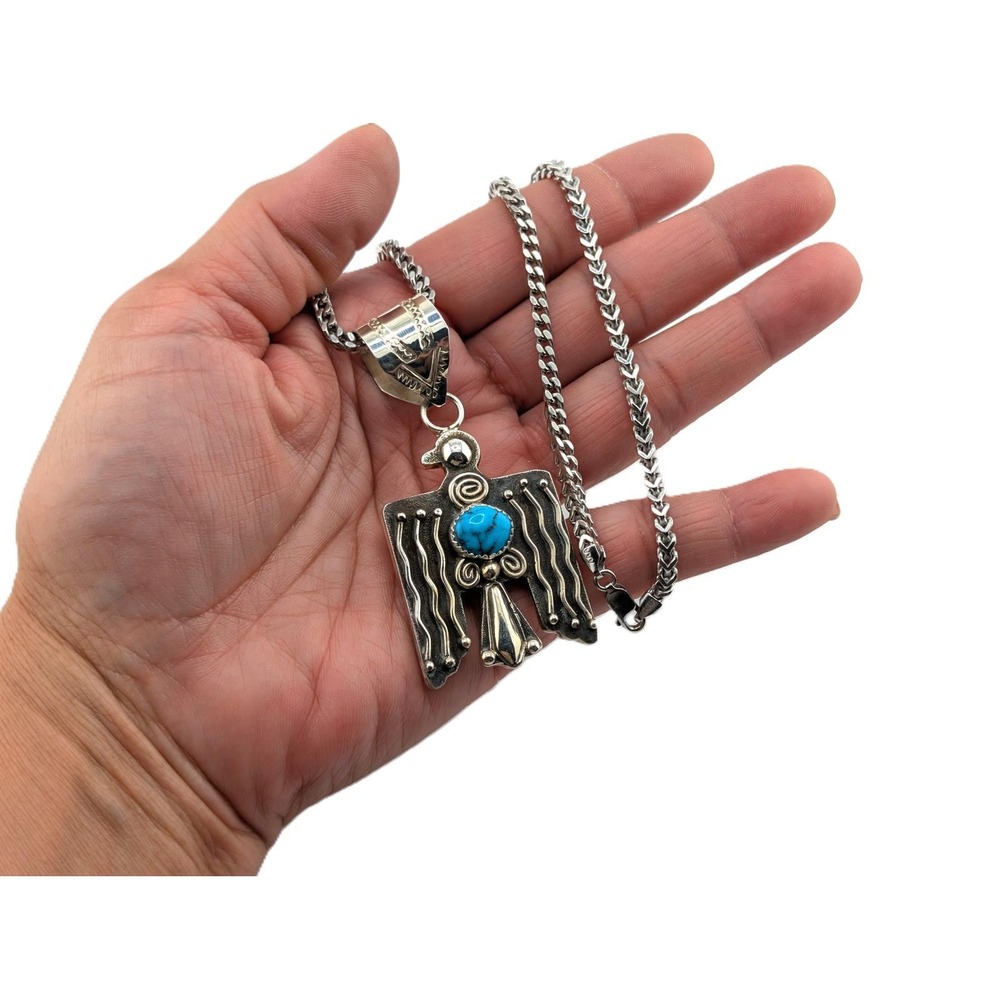 Navajo Thunderbird Turquoise Medallion 22in Heavy Franco Chain Jewelry** - Picture 5 of 8